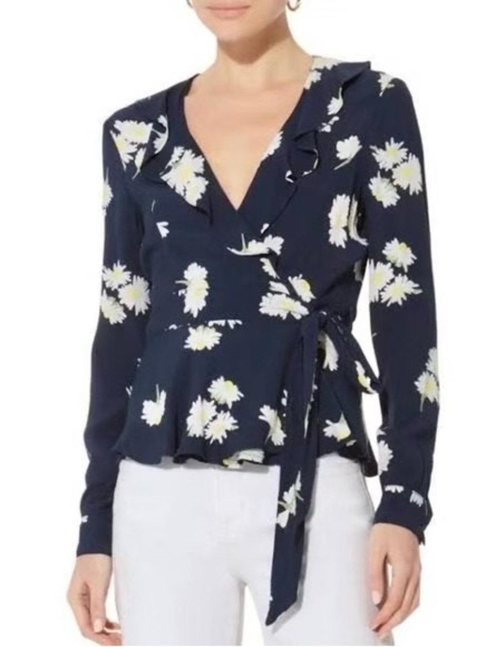 GANNI Navy Blue Daisy Floral Silvery Crepe Ruffled Wrap Blouse Top Size 34/2